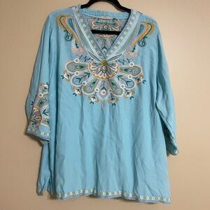 Soft Surroundings Womens Blue River Island Tunic Embroidered 2X
